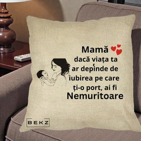 Cadou pentru Mama - Perna Personalizata Mama Nemuritoare Imbratisare Copil, 40x40 cm, Crem, Husa Detasabila, Perna Inclusa, BEKZ®