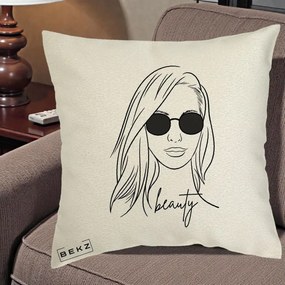 Perna Decorativa Beauty Girl Line Art, 40x40 cm, Ecru, Husa Detasabila, Perna Inclusa, BEKZ®