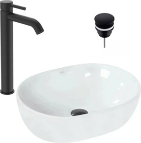 Pachet lavoar pe blat Rea alb 48 cm, baterie lavoar Ideal Standard Ceraline negru si ventil lavoar Click-Clack negru