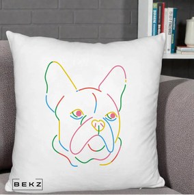 Perna Decorativa Bulldog Francez Line Art Curcubeu, 40x40 cm, Alb Pufos, Husa Detasabila, Perna Inclusa, BEKZ®