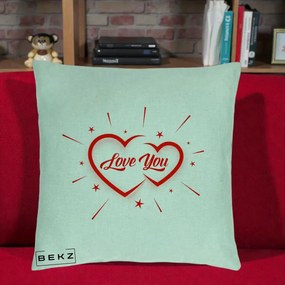 Cadou Romantic - Perna Personalizata Love You Doua Inimi, 40x40 cm, Verde Menta, Husa Detasabila, Perna Inclusa, BEKZ®