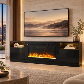Comodă TV cu șemineu electric LED integrat – 178×35×59 cm, 12 culori flacără, Încălzire 750/1500 W, Telecomandă, Negru