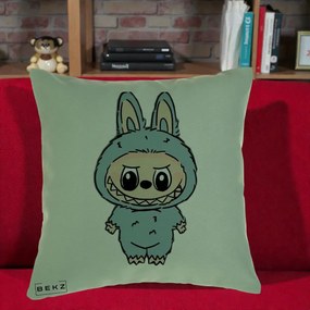 Perna Personalizata Labubu Albastru-Gri Solo, 40x40 cm, Verde, Husa Detasabila, Perna Inclusa, BEKZ®