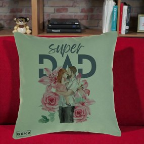 Cadou pentru Tata - Perna Personalizata Super Dad Tata cu Fetita si Flori, 40x40 cm, Verde, Husa Detasabila, Perna Inclusa, BEKZ®