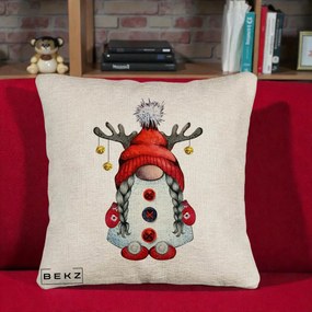 Perna Decorativa Pitic Gnom Craciun cu Coarne de Ren, 40x40 cm, Bej Canapea, Husa Detasabila, Perna Inclusa, BEKZ®