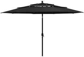 vidaXL Umbrelă grădină cu 3 niveluri, stâlp aluminiu, negru, 3,5 m