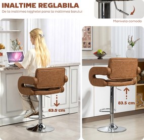 HOMCOM Taburet de Bar cu Înălțime Reglabilă, Scaun Înalt din PU cu Spătar, Suport pentru Picioare, Cotiere și Șezut Moale, Structură din Oțel, Rotativ la 360°, pentru Bucătărie, Maro | Aosom Romania