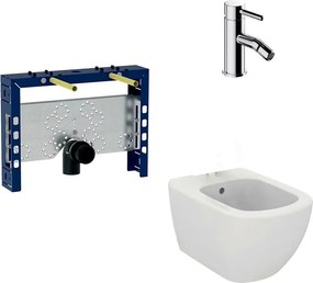 Pachet rama instalare Geberit Kombifix, bideu suspendat Ideal Standard Tesi alb si baterie bideu Omnires Y crom