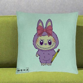 Perna Personalizata Labubu Mov cu Funda Rosie si Creion, 40x40 cm, Verde Menta, Husa Detasabila, Perna Inclusa, BEKZ®