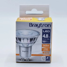 Bec LED Braytron, 4.8W(50W), GU10, 350 lm, lumina calda (2700K), semitransparent, clasa energetica F
