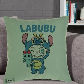 Perna Personalizata Labubu x Stitch cu Flori, 40x40 cm, Verde, Husa Detasabila, Perna Inclusa, BEKZ®
