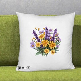 Perna Decorativa Lavanda cu Margarete Galbene si Lila, 40x40 cm, Alb Pufos, Husa Detasabila, Perna Inclusa, BEKZ®