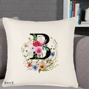 Cadou Personalizat - Perna Personalizata Monogram Litera B cu Flori Acuarela, 40x40 cm, Crem Reliefat, Husa Detasabila, Perna Inclusa, BEKZ®