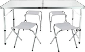Set mobilier de camping pliabil, Jumi, alb, masă cu picioare reglabile și 4 tabureți