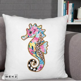Perna Decorativa Calut de Mare Glitter Tropical, 40x40 cm, Alb Pufos, Husa Detasabila, Perna Inclusa, BEKZ®