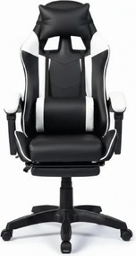 Scaun gaming, masaj în perna lombară, suport picioare, PU, Negru/Alb