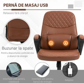 Vinsetto Scaun de birou ergonomic cu 2 Puncte pentru Masaj, Port USB, Piele Ecologică, Maro, 59x63x92-101cm | Aosom Romania