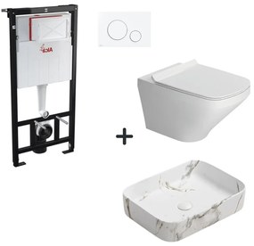 Set vas wc rimless cu capac soft close, lavoar baie efect marmura si rezervor wc cu clapeta alba