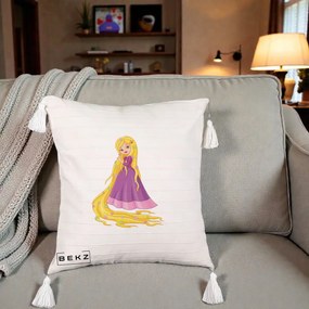 Perna Personalizata Rapunzel Par Lung Floral, 40x40 cm, Bej cu Franjuri, Husa Detasabila, Perna Inclusa, BEKZ®