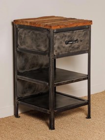 Noptieră rustică din metal și lemn reciclat, gri și natur, cu sertar, 2 rafturi și blat cu fibra brăzdată, 70 x 39 x 42 cm, „Oregon”