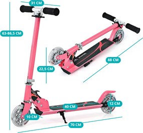 Trotinetă pliabilă din aluminiu cu roți LED roz