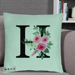 Cadou Personalizat - Perna Personalizata Monograma Florala Litera H cu Trandafiri Roz, 40x40 cm, Verde Menta, Husa Detasabila, Perna Inclusa, BEKZ®