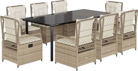 vidaXL Set de masă pentru grădină, 9 piese, cu perne, bej, poliratan