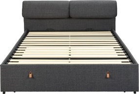 Pat matrimonial gri închis tapițat cu spațiu de depozitare cu somieră 160x200 cm Calvi – Actona
