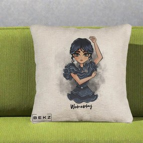 Perna Personalizata Wednesday Addams Dancing Queen, 40x40 cm, Bej Canapea, Husa Detasabila, Perna Inclusa, BEKZ®