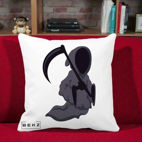 Perna Decorativa Moartea cu Coasa Grim Reaper Halloween, 40x40 cm, Alba Mata, Husa Detasabila, Perna Inclusa, BEKZ®