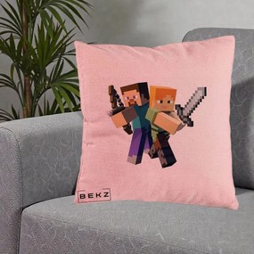 Perna Personalizata Minecraft Steve si Alex, 40x40 cm, Roz, Husa Detasabila, Perna Inclusa, BEKZ®