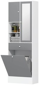 HOMCOM Mobila de baie cu cos de rufe si oglinda raft ajustabil 62 x 28,3 x 181 cm gri si alb | Aosom Romania