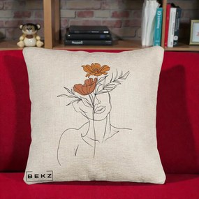 Perna Decorativa Portret Feminin Doua Flori, 40x40 cm, Bej Canapea, Husa Detasabila, Perna Inclusa, BEKZ®