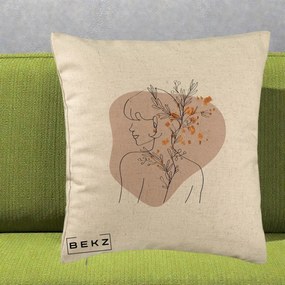 Perna Decorativa Femeie cu Flori Line Art Boho, 40x40 cm, Bej, Husa Detasabila, Perna Inclusa, BEKZ®