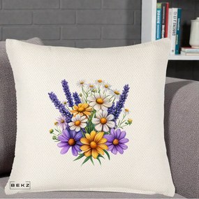 Perna Decorativa Lavanda Musetel si Flori Mov, 40x40 cm, Crem Reliefat, Husa Detasabila, Perna Inclusa, BEKZ®