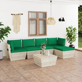 Set mobilier gradina din paleti cu perne, 6 piese, lemn molid Verde, 2x colt + 2x mijloc + masa + suport pentru picioare, 1