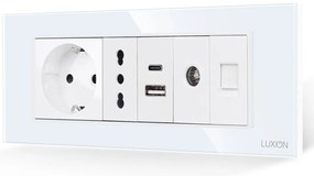 Priza Schuko + Ingusta + Dubla USB + TV + Internet cu Rama Din Sticla LUXION, Standard Italian, 6M