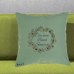Cadou pentru Soacra - Perna Personalizata Cea mai Buna Soacra cu Coronita Flori Boho Pastel, 40x40 cm, Verde, Husa Detasabila, Perna Inclusa, BEKZ®