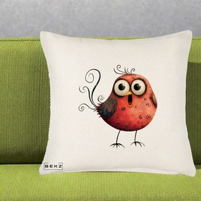 Perna Decorativa Pasare Rosie Exuberanta cu Spirale, 40x40 cm, Crem Reliefat, Husa Detasabila, Perna Inclusa, BEKZ®