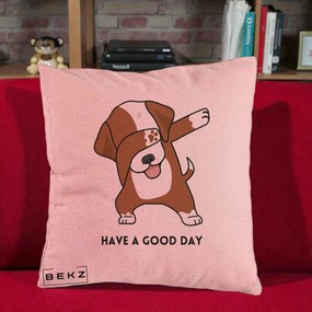 Perna Decorativa Caine Dab Have A Good Day, 40x40 cm, Roz, Husa Detasabila, Perna Inclusa, BEKZ®