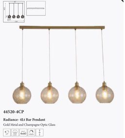 Lustra cu 4 pendule metal auriu, sticla champanie Radiance