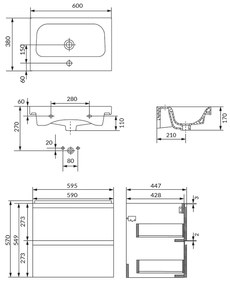 Set dulap baie suspendat 2 sertare cu lavoar inclus, 60 cm, antracit mat, Cersanit Moduo 600x450 mm