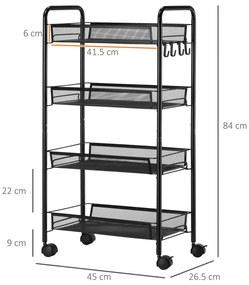 HOMCOM Cărucior Utilitar cu 4 Niveluri, Design Rulant cu Coșuri de Plasă și Cârlige, 45x26.5x84cm, Ideal pentru Bucătărie și Birou | Aosom Romania