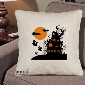 Perna Decorativa Halloween Casa Bantuita cu Fantome, 40x40 cm, Bej Canapea, Husa Detasabila, Perna Inclusa, BEKZ®