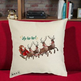 Perna Decorativa Ho Ho Ho Mos Craciun cu Sanie si Reni, 40x40 cm, Ecru, Husa Detasabila, Perna Inclusa, BEKZ®