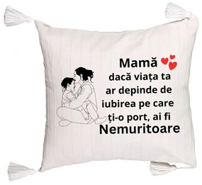 Perna Decorativa cu Franjuri, Model pentru Mama 5, 45x45 cm, Ecru, Cu fermoar