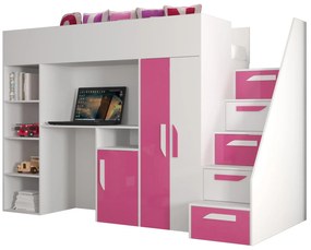 Pat pentru copii combinat 90 cm Puro 14 (alb mat + alb lucios + roz lucios). 1087086