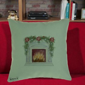 Perna Decorativa Semineu de Craciun Watercolor, 40x40 cm, Verde, Husa Detasabila, Perna Inclusa, BEKZ®
