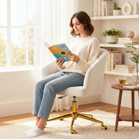 HOMCOM Scaun de birou cu aspect de catifea, umplutură din spumă, reglabil pe înălțime, pe roți, bază din oțel, crem | Aosom Romania