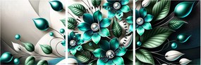 Tablou - Flori turcoaz 3D (cu ceas) (90x30 cm)
